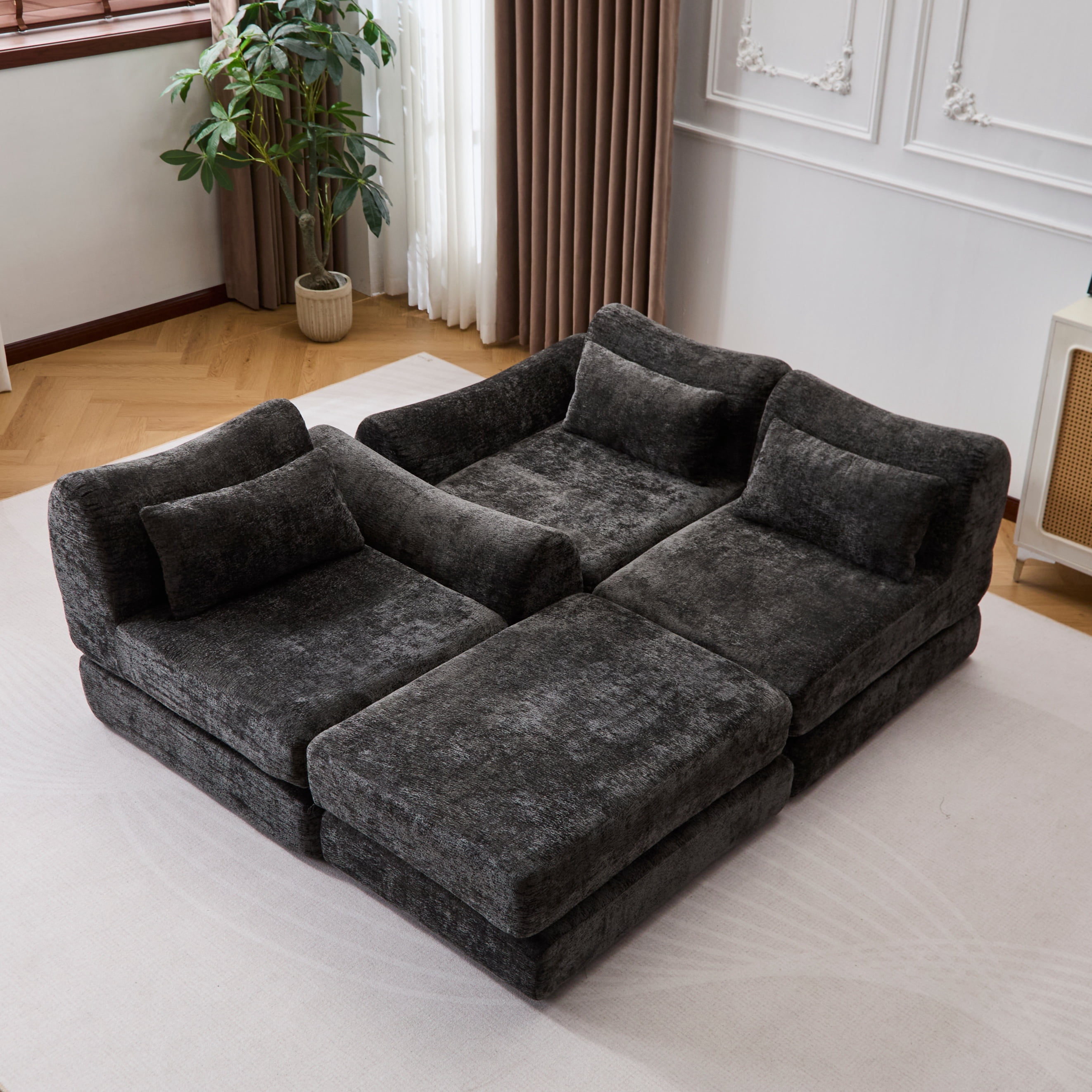 BSHTI Foldable Wave Star Modular Sofa, Chenille Fabric, 4-in-1 Modern Couch for Living Room, Modular Sectional Sofa with Chaise, Free Combination 3 Seater Sofa, Black