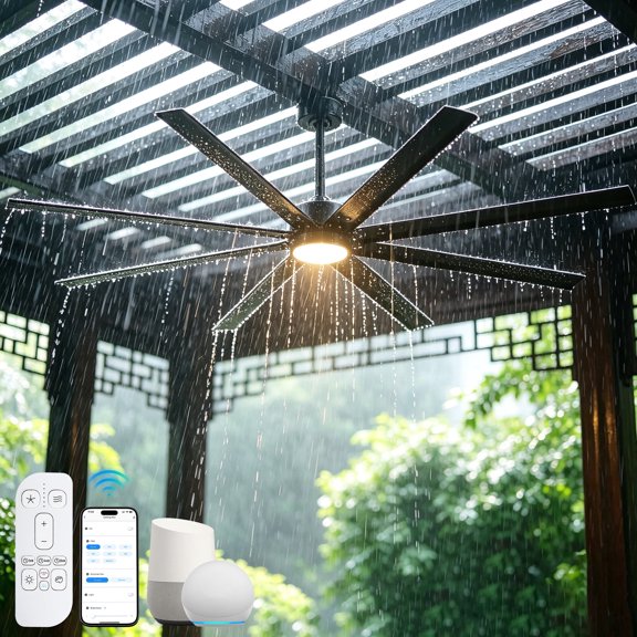 72 Inch Large Industrial Ceiling Fan with Light Remote, Modern Black 9503CFM Aluminum 8-Blades Wet Rated OutDoor Indoor Fan