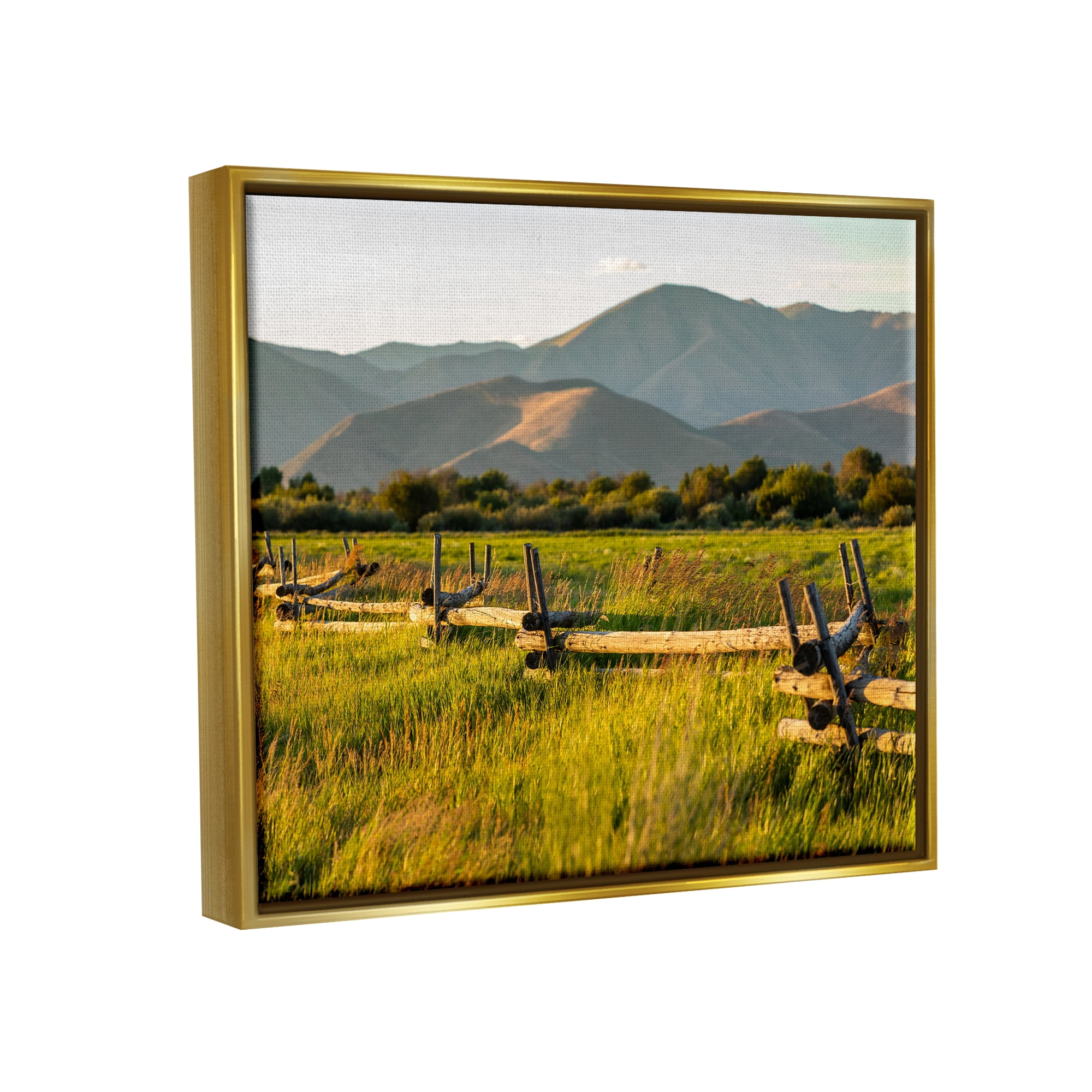 Stupell Industries Grassland Farm Fence Countryside Sunny Mountain Scene Photograph Metallic Gold Floating Framed Canvas Print Wall Art, Design by Steve Smith