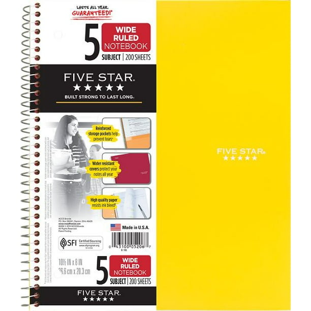 Five Star Spiral Notebook, 5 Subject, Wide Ruled Paper, 200 Sheets, 10