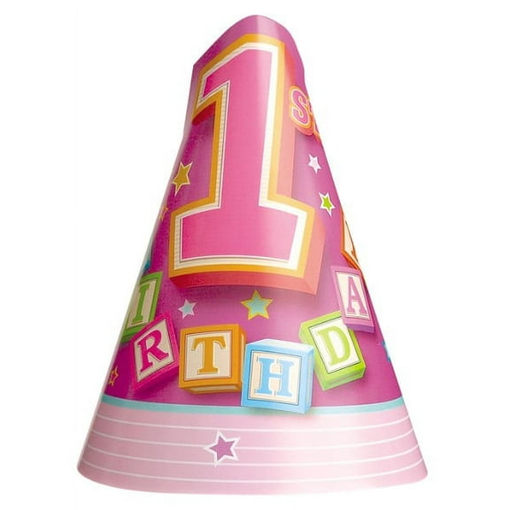 1st Birthday Blocks Girl Cone Hats (12ct)