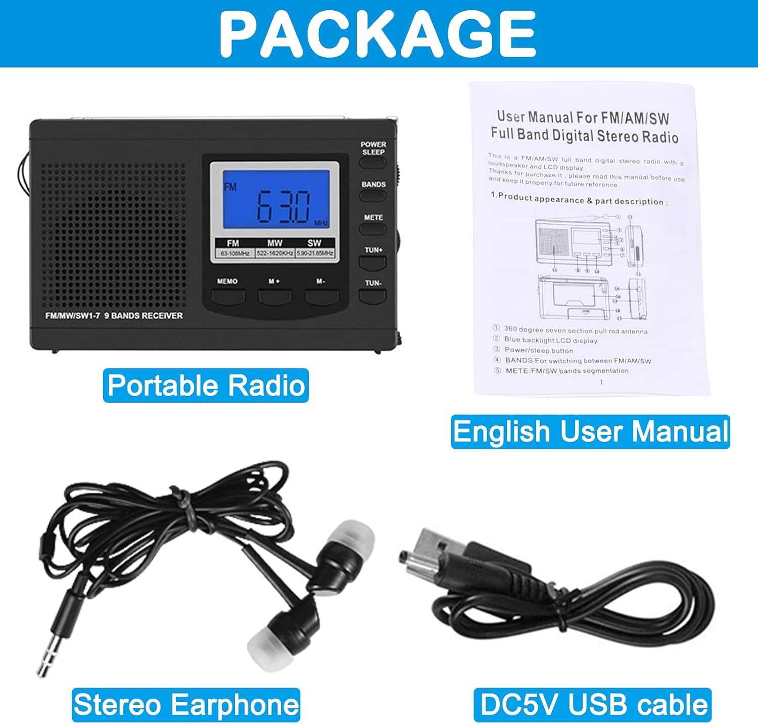 Professional DSP AM FM Shortwave Radio with 87 Presets, 7-Section Telescopic Antenna, Backlit LCD, Alarm & Sleep Timer, Battery or USB Powered for Emergency, Camping, Outdoor
