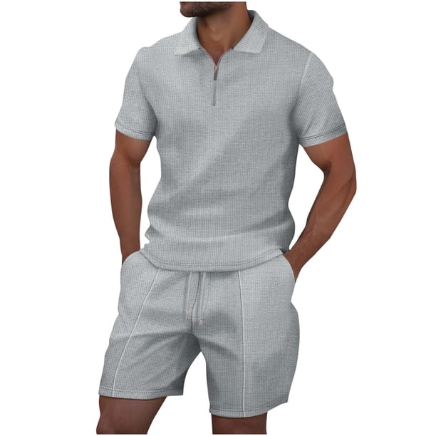 Conjunto de Pantalones Cortos para Hombre 2 Piezas Trajes de Color Sólido Medio Cremallera Camiseta Solapa, Traje de Pantalones Cortos de Ocio