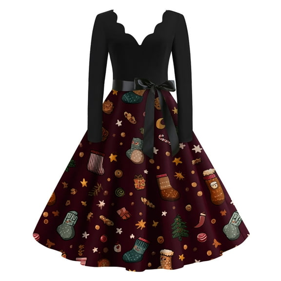 Women's Casual Fashion Christmas Holiday Print V-neck Vintage Dress for Retro Style and Party Occasions, Comfortable Women's Long Sleeve Holiday Dress,Deep Red,2XL
