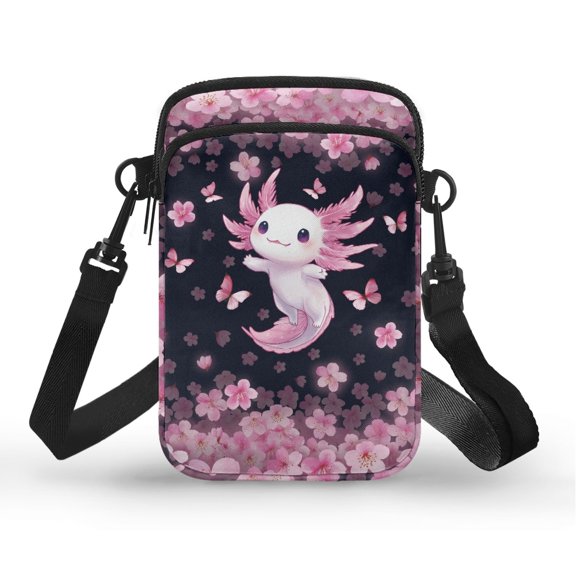 HELLHERO Women Crossbody Bag for Adult Outdoor Holiday Travel Axolotl Cherry Blossoms Cross Body Purse Double Layer