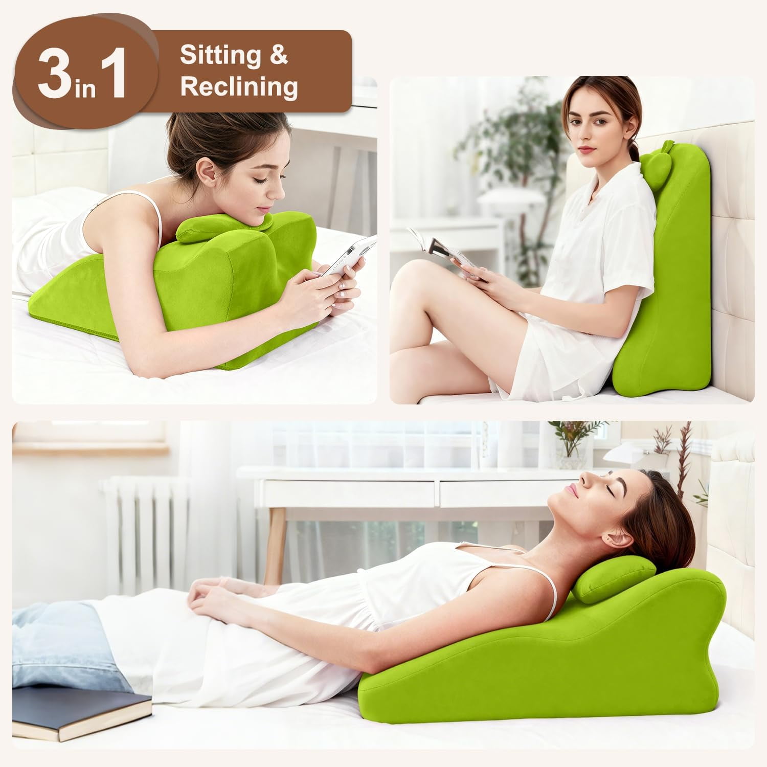 Memory Foam Ergonomic Wedge Pillow, Multi-Position Support Pillow, Ergonomic Support for Back Pain, Acid Reflux & Sitting Up, Ideal for Massage, with Removable Cover,40-Degree Angle Design (Green)