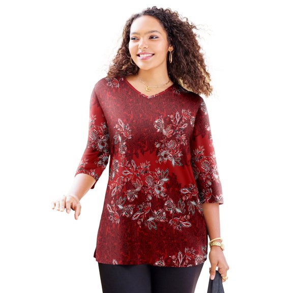 Catherines Women's Plus Size V-Neck Placement Print Top