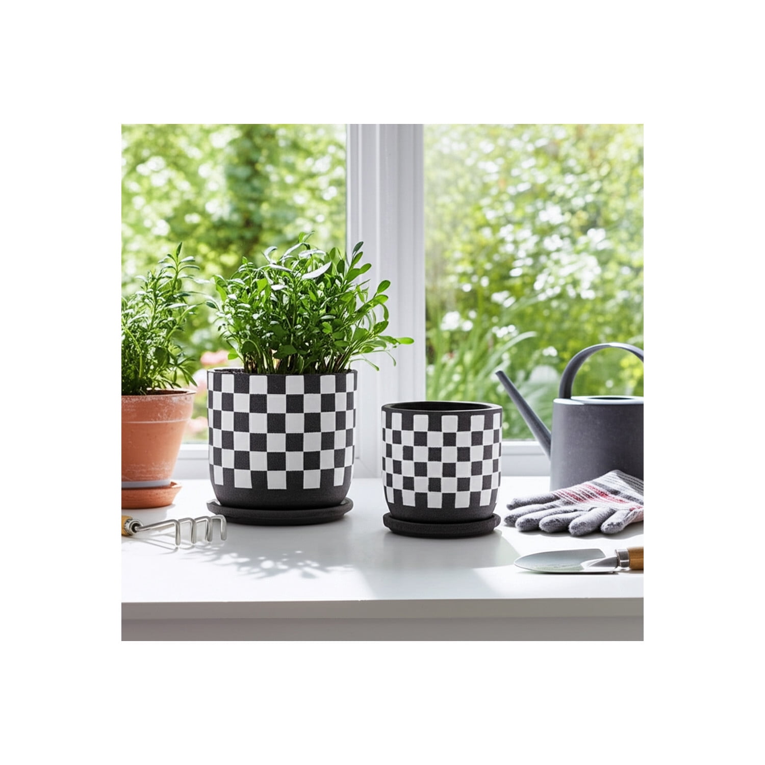 Round Checker Pattern Saucer Planters for Garden Decor - Ceramic Planter for Home and Living Room Decor - Sleek Flower Pots for Indoor and Outdoor Plants - Set of 2, 6", 5", Black & White