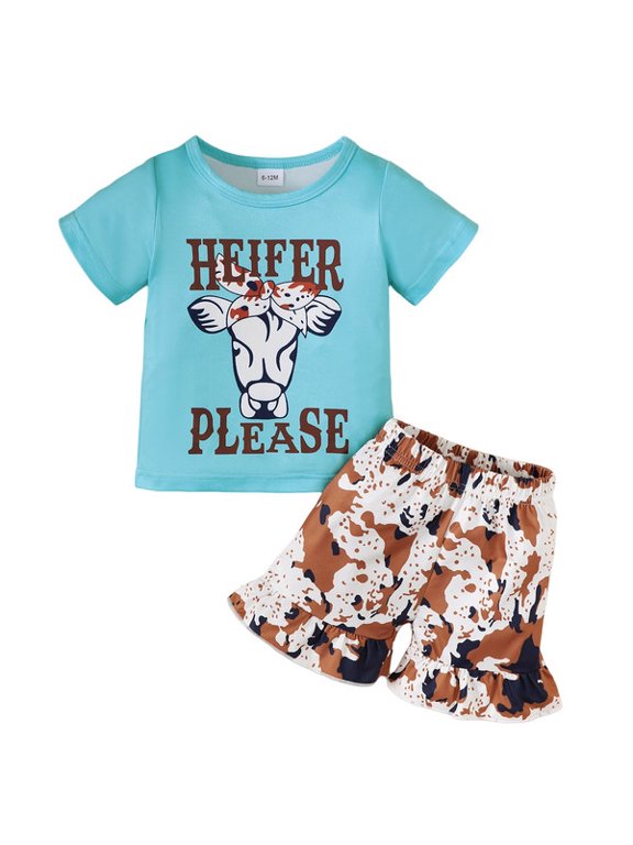 Newborn Baby Girl Clothes Cowhead Printed Blue Round Neck Top + Shorts Set 2PCs Infant Spring Summer Outfits