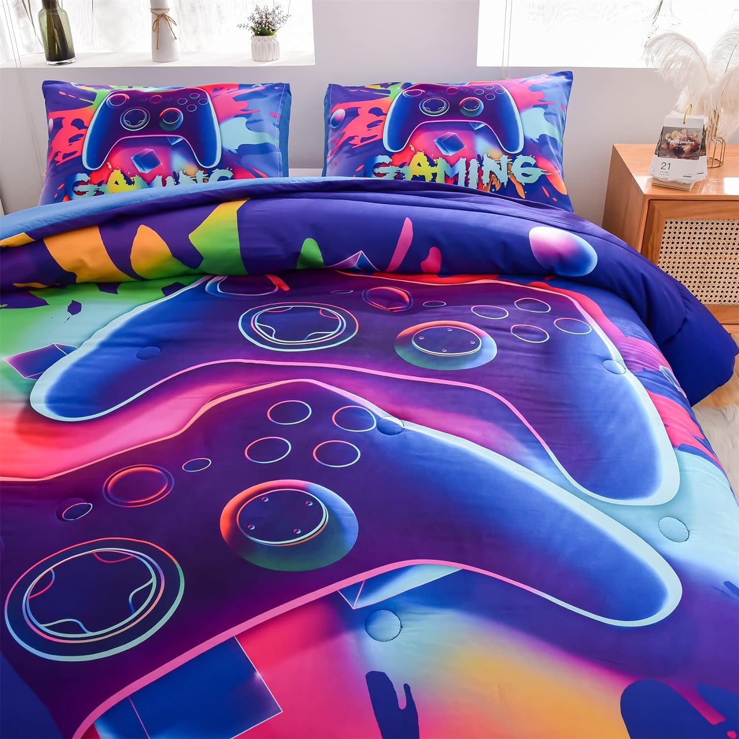 NTBED Purple Queen Gaming Comforter Sets for Boys Kids Bedding Sets Colorful Games Console Gamer Quilt Set