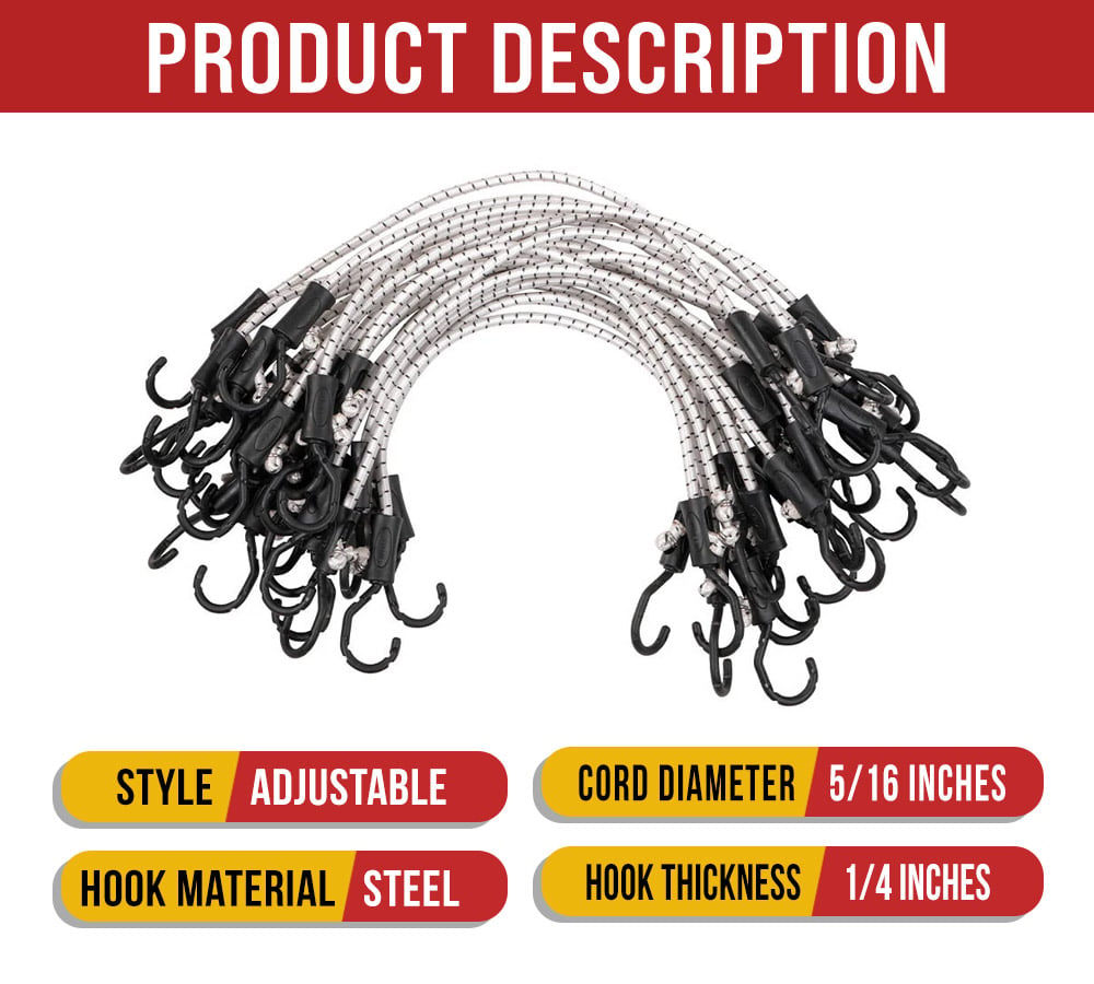 (25 Pcs) 72” Heavy Duty Adjustable Bungee Cords with hook - Polypropylene (PP) Bungee Cords for Outdoor Camping, Household - Extendable upto 108 inches
