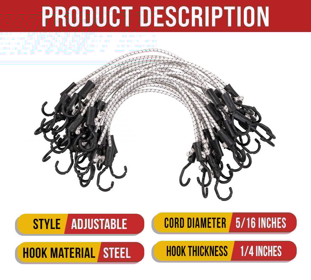 thumbnail image 4 of (50 Pcs) 48” Heavy Duty Adjustable Bungee Cords with hook - Polypropylene (PP) Bungee Cords for Outdoor Camping, Household - Extendable upto 72 inches, 4 of 9
