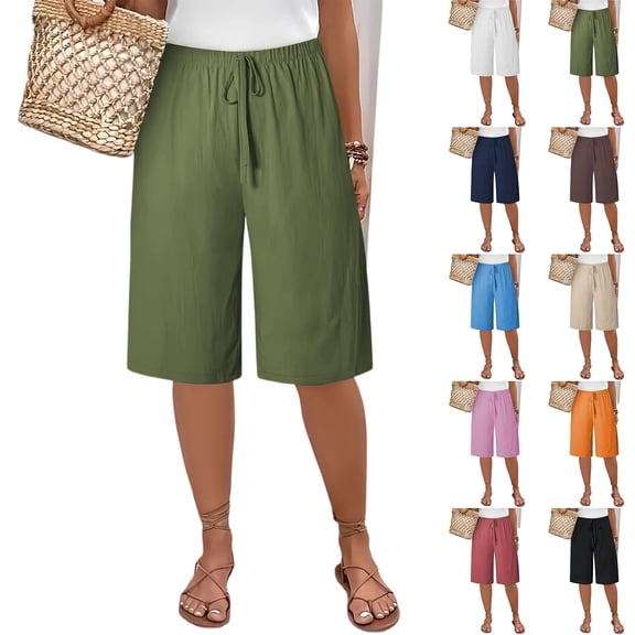 Women Lightweigh Shorts Drawstring Pull-on Wide Leg Straight Casual Short Pants Bermuda Shorts For Women Knee Length Wide Leg Summer Short Summer Beach Vacation Outfit Army Green L
