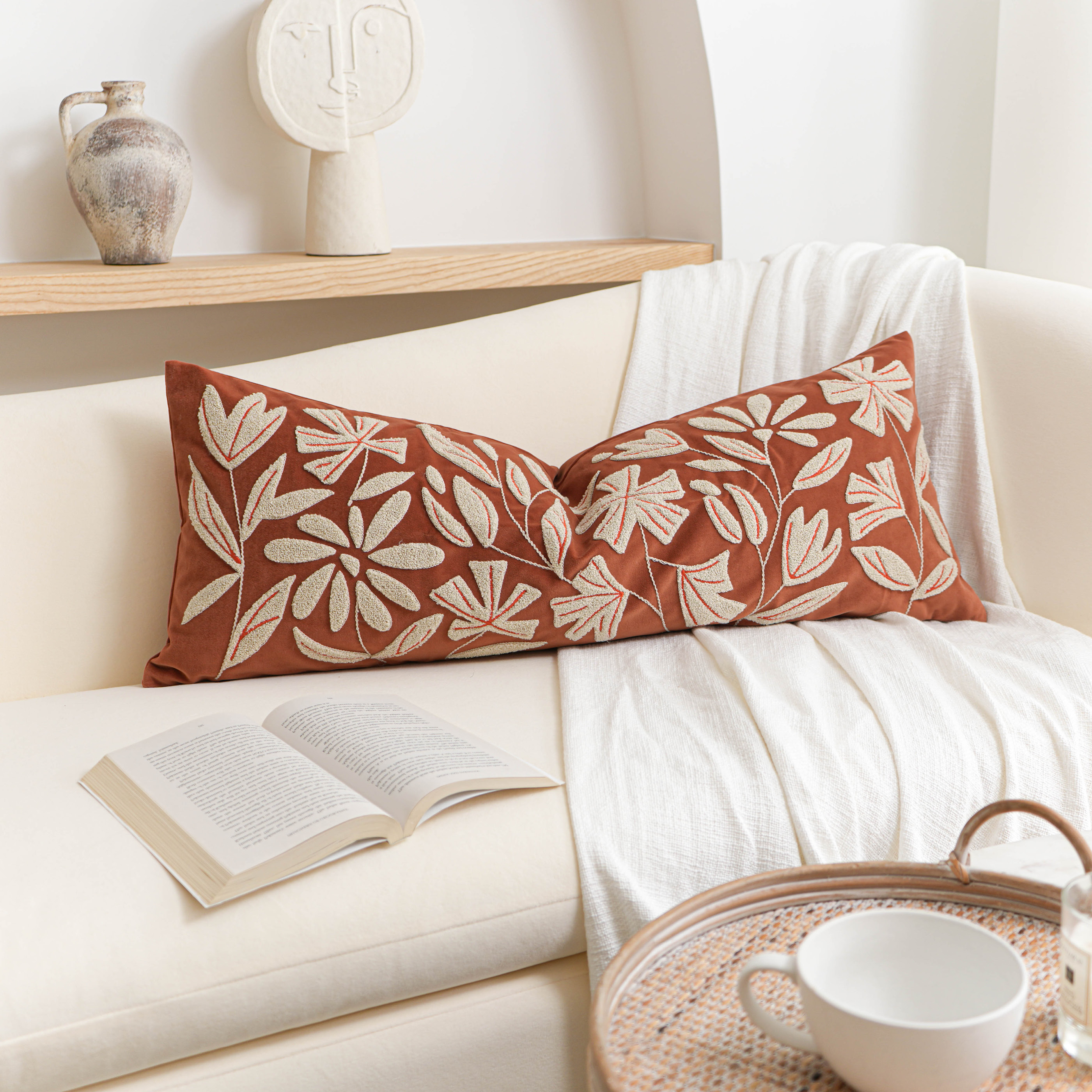 BlissBlush Fall Throw Pillow Cover 14x36 Long Lumbar Throw Pillow for Bed, Rust Brick Red Soft Velvet Accent Farmhouse Body Lumbar Throw Pillowcase for Bedroom Sofa Couch, Home Décor