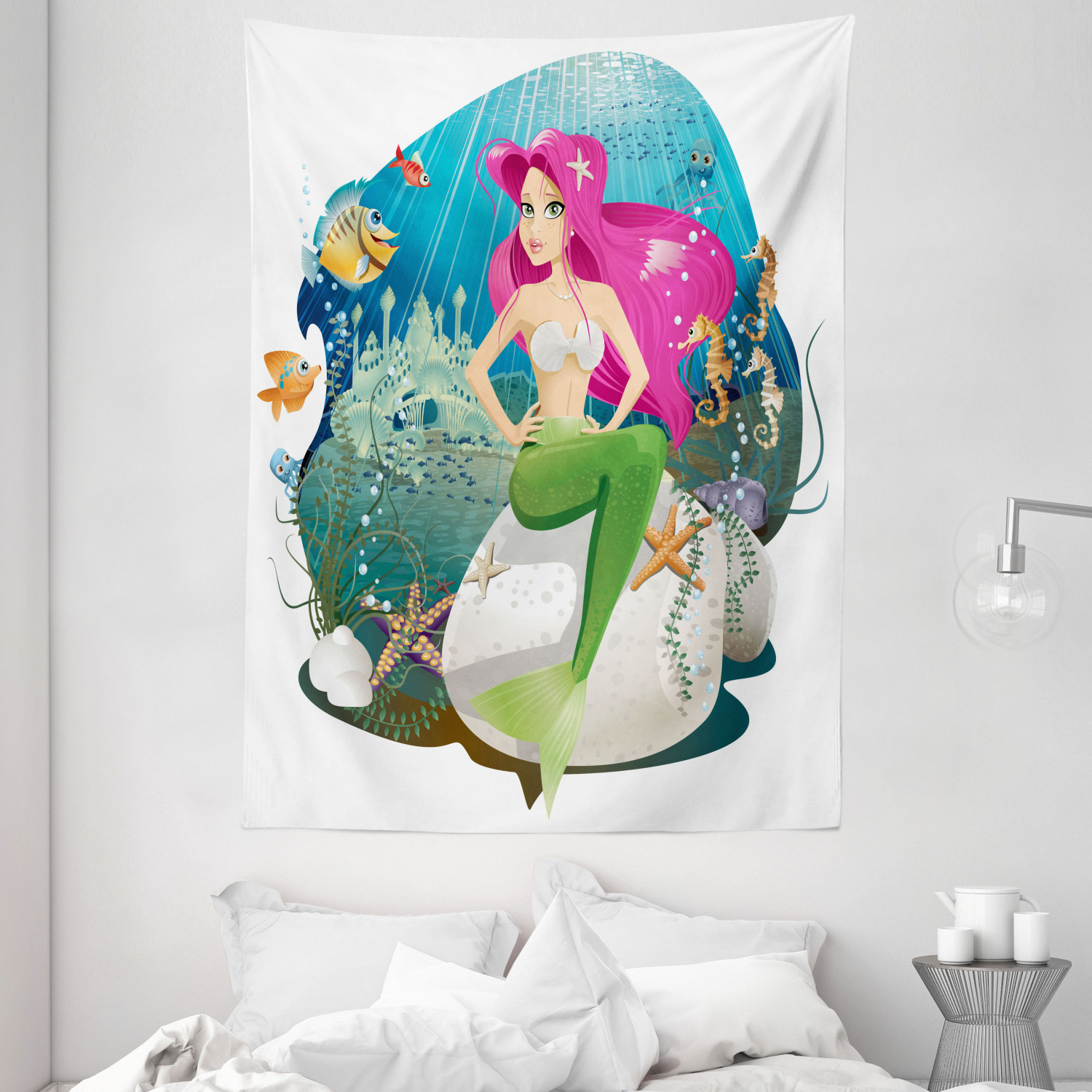 Mermaid Decor Wall Hanging Tapestry, Illustration Of A Mermaid And Her