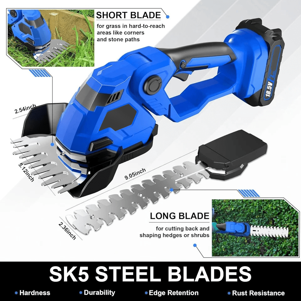 Azzunox Cordless Hedge Trimmer, 21V Electric Grass Shears Shrubbery Trimmer with 2Ah Battery，2-in-1 Handheld Grass Cutter Shrub Trimmer for Gardens, Yards, Lawns, Including Charger