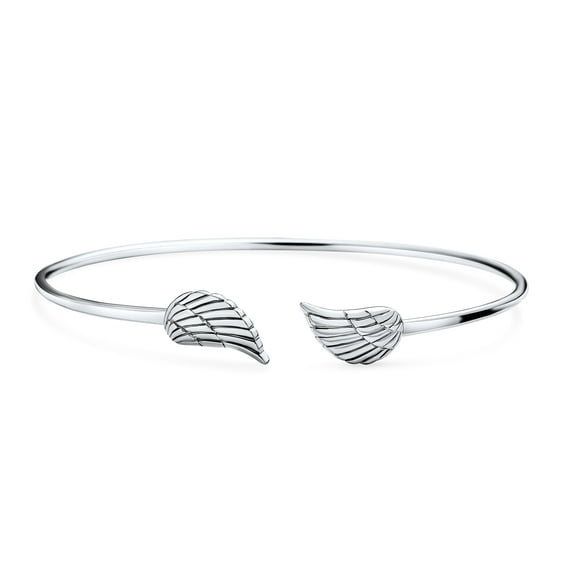 Bling Jewelry Womens Spiritual Delicate Thin Angel Wing Feather Bangle Cuff Bracelet Sterling Silver