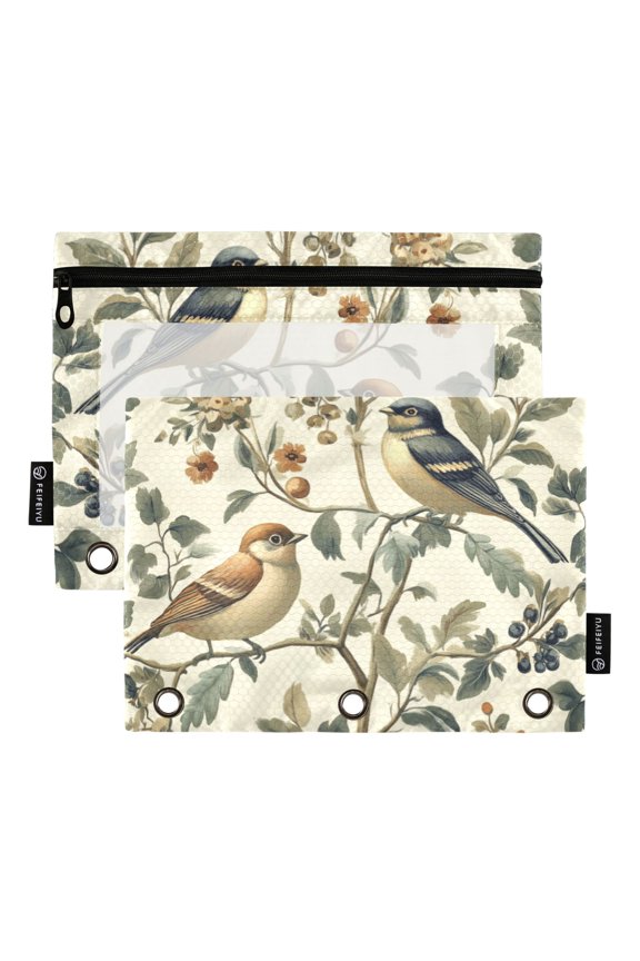 2 Pack Pencil Pouch for 3 Ring Binder with Clear Window Zipper Case, Brown Floral