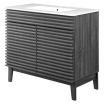 Sink Vanity Cabinet, Dark Grey Gray White, Wood, Mid Century Hotel Bedroom Bathroom, Modern Contemporary HB33381