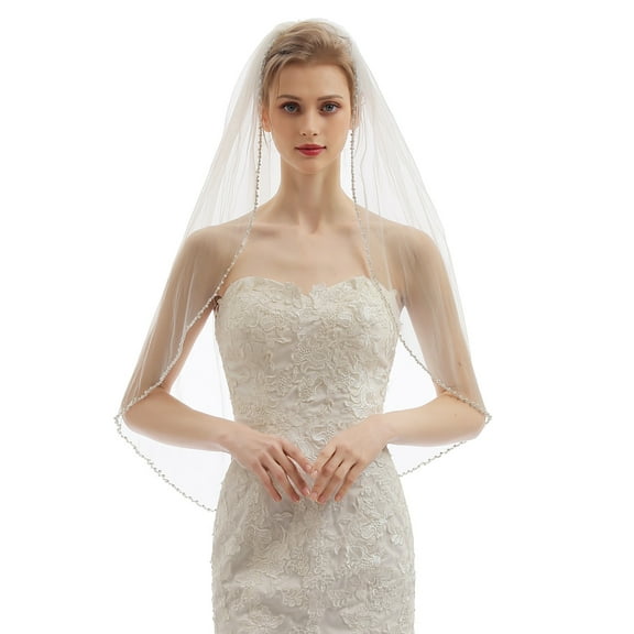 EllieWely 1 Tier Fingertip Length 90 cm(35 inch) Pearls Wedding Bridal Veil With Metal Comb L69