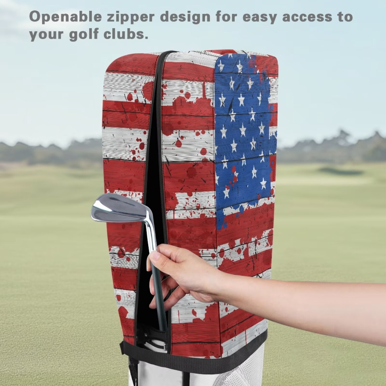 Chririnla American Flag Hood Golf Bag Cover Waterproof with Snap Button, Dust & Sun Protection for Clubs Universal Fit for Most Stand Bags, Cart Bags & Tour Bags
