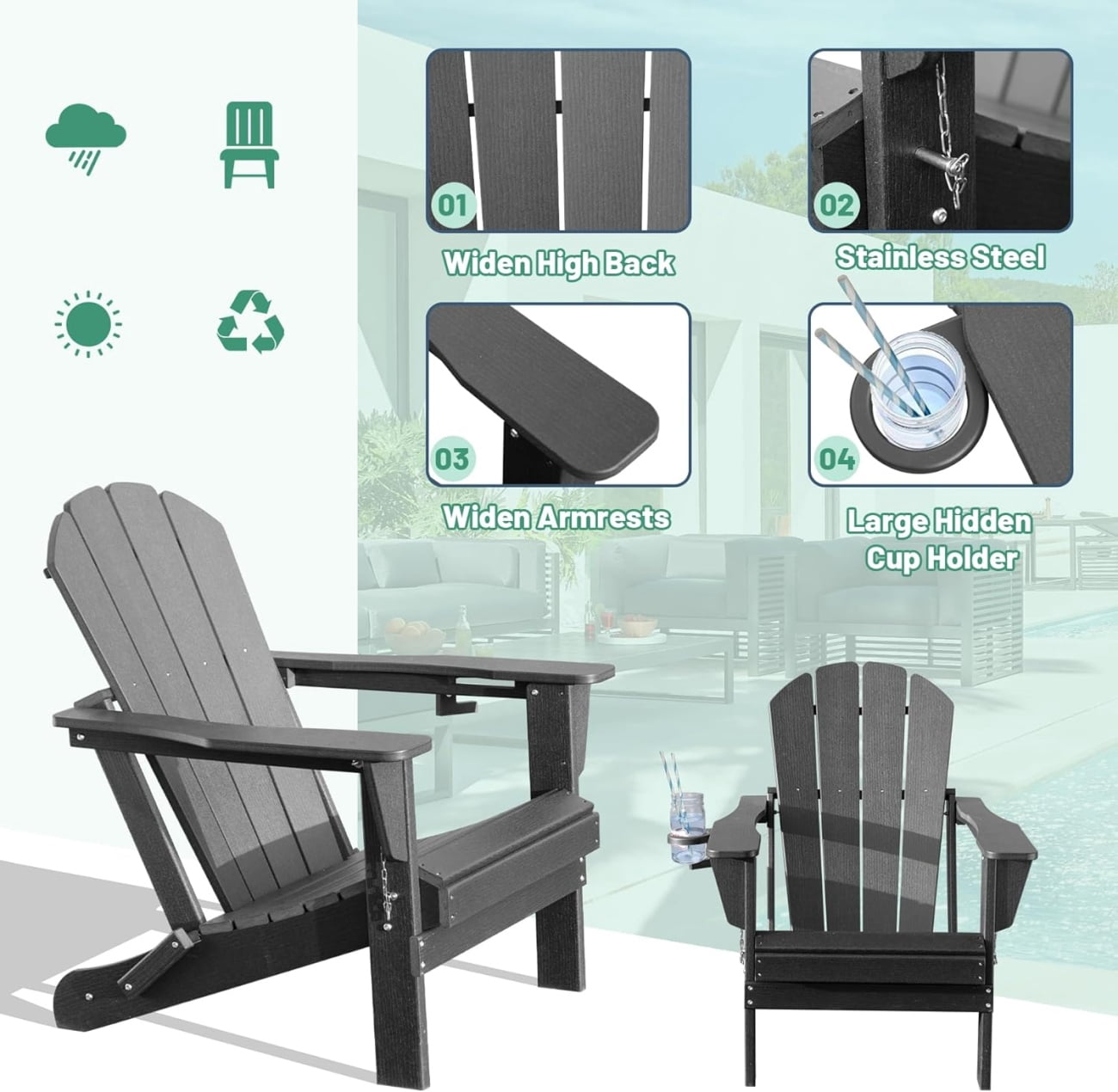 Folding Adirondack Chair, All-Weather HDPE Lawn Chair with Cup Holder, Comfortable Outdoor Patio Chair for Deck, Porch, Backyard, Garden, Grey