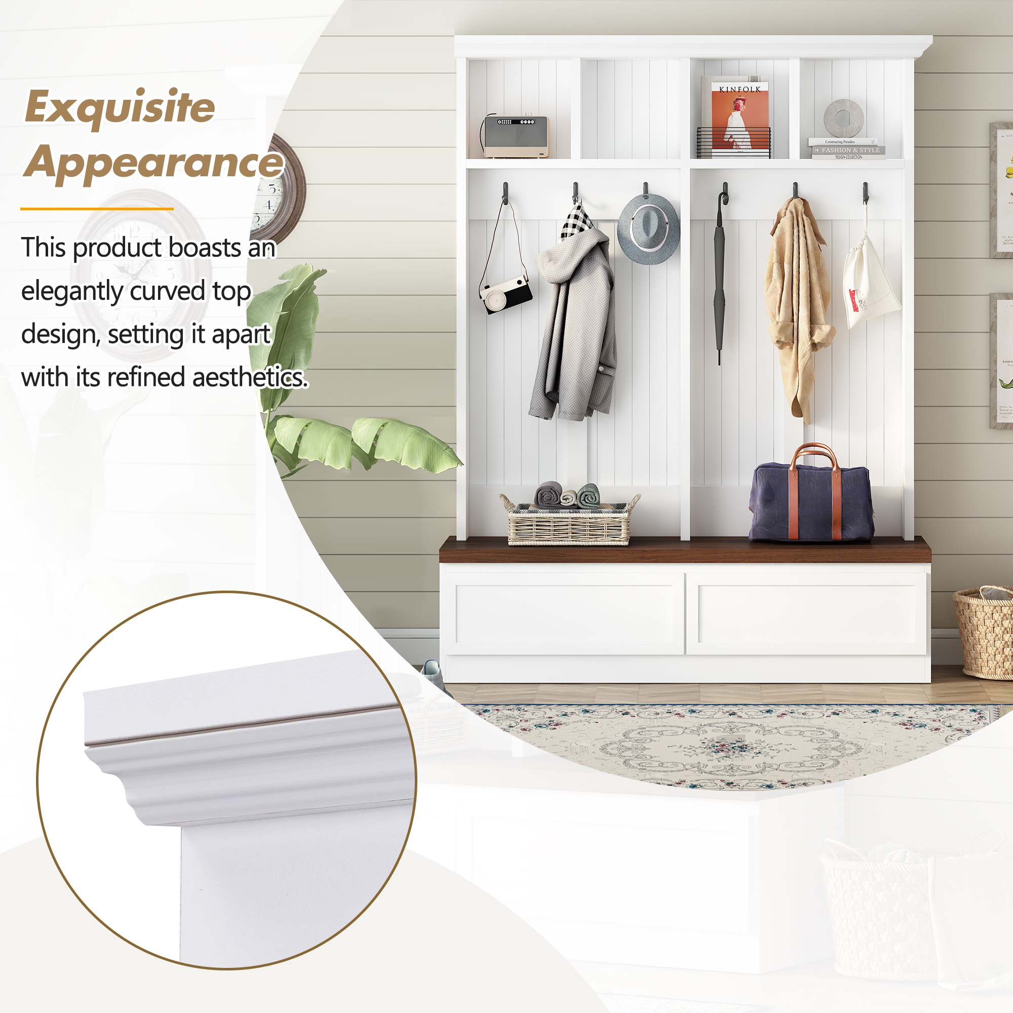 Euroco Farmhouse Hall Tree with Bench, Drawers, Hooks, and Upper Storage, Curved Top Design, Anti-Tip Safety