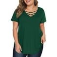 thumbnail image 2 of Jinhomg Womens Criss Cross V Neck Tops Plus Size Casual Summer Tunic Blouses Short Sleeve Hide Belly Shirt Loose Fit Tunics with Curved Hem Army Green XXXXXL, 2 of 8