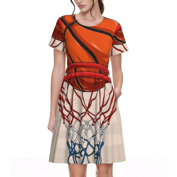 Easygdp Basketball Shot para Vestido Transpirable de Mujer, Vestido Suelto de Manga Corta con Pliegues y Bolsillos para el Verano