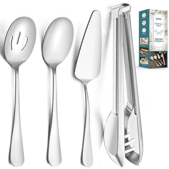 GPED 10 Pieces Stainless Steel Serving Utensils, Large Serving Utensils Set for Partie, Include 8.7" Pie Cake Server, 8.7" Serving Spoons, 8.7" Slotted Spoons, and 9.4" Tongs (Silver)