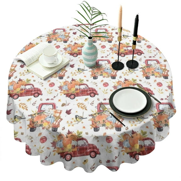 Red Truck with Fall Pumpkins Pattern Round Tablecloth 60" X 60",Wrinkle Wipeable Table Cloth for Kitchen Dining Room Picnic Patio Party
