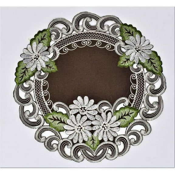 H8852-1-024 24 in. White Daisy Green Leaves on Brown Fabric Doily