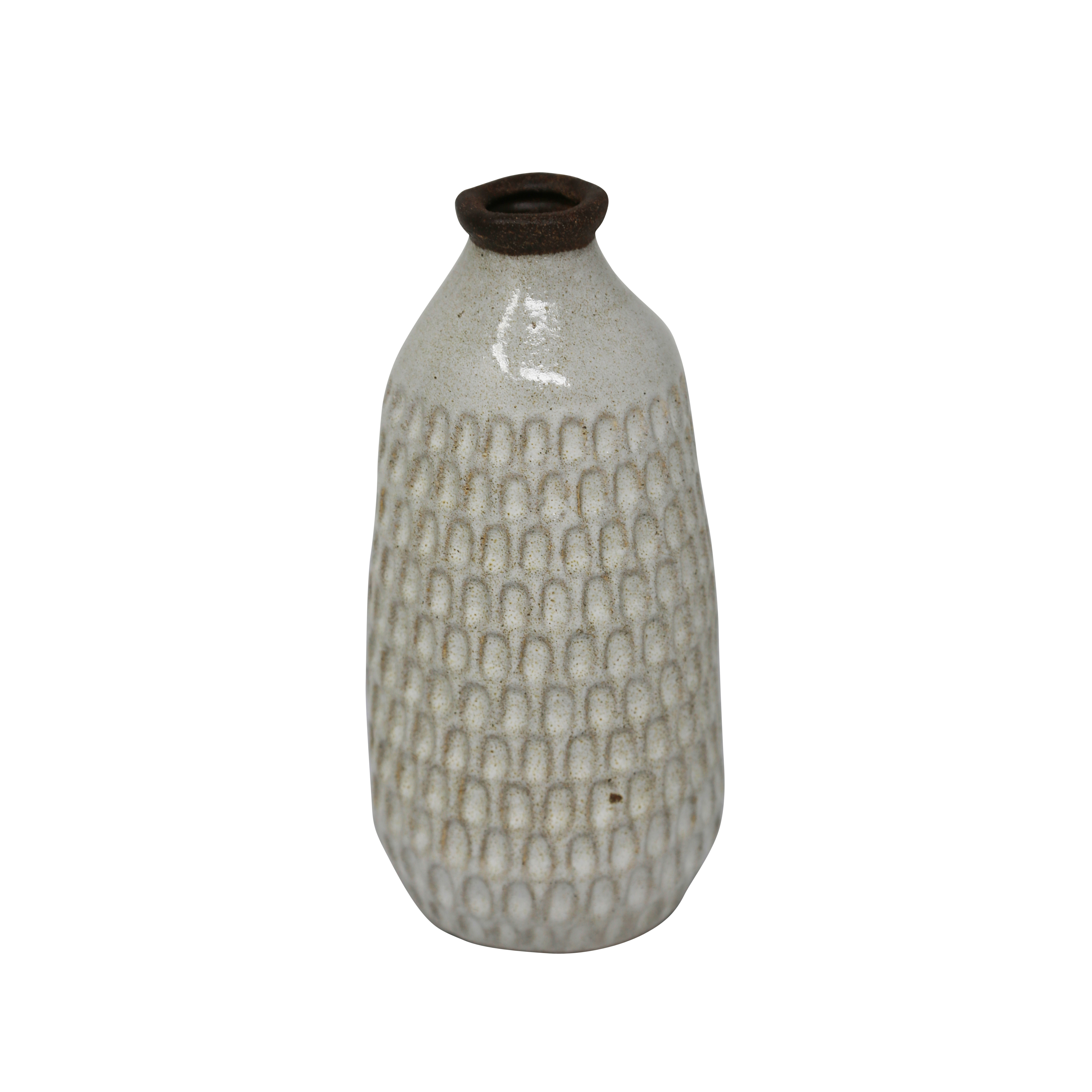 Ceramic Table Vase with Textured Surface, Small, White and Brown