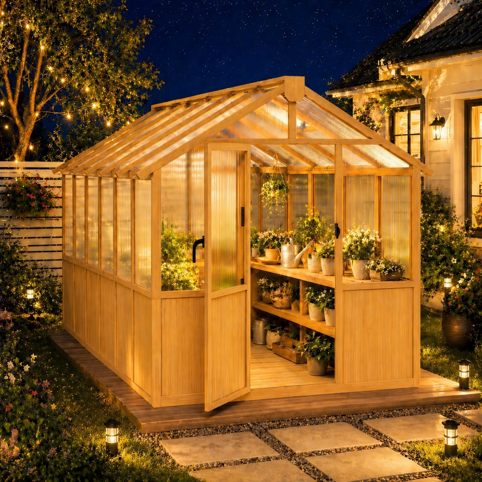 PABIMIA 6 ft. x 12 ft. Wood Greenhouse, Outdoor Walk-in Greenhouse Kit with Polycarbonate Panels and Adjustable Roof Vent