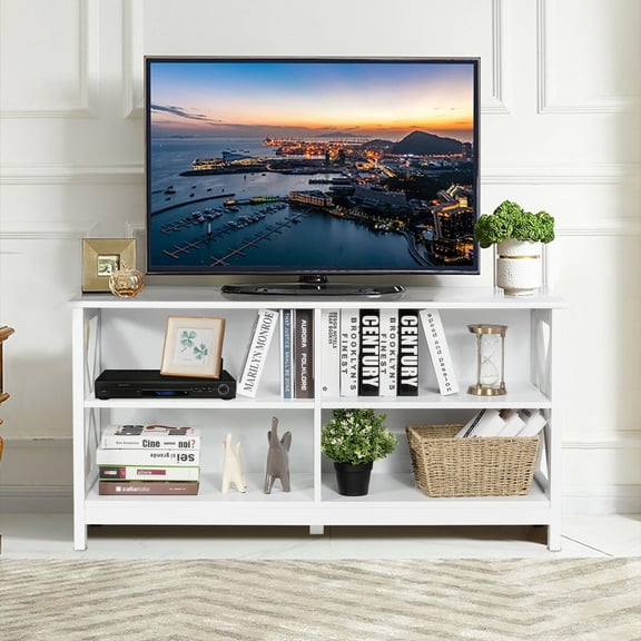 Wooden Tv Stand, 55 Inch Tv Entertainment Center, X-Shaped Frame, White