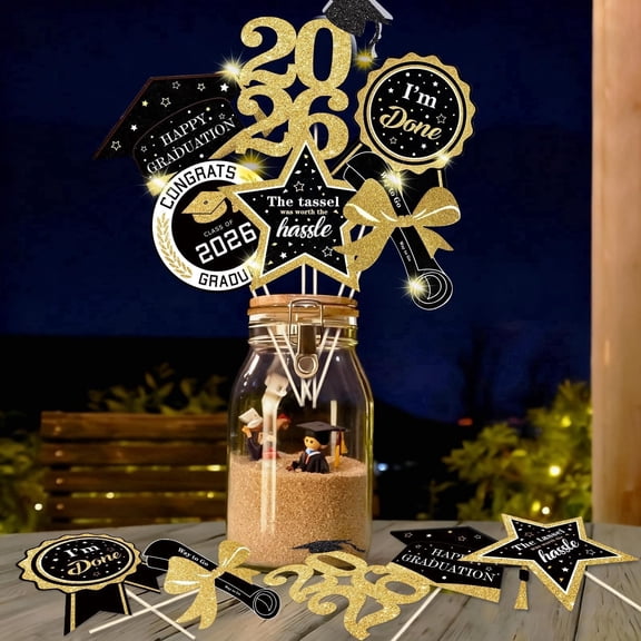 OuMuaMua 30 Pcs Glitter Black Gold Double Sided Graduation Centerpiece Sticks with LED String Lights for High School & College Graduation Party