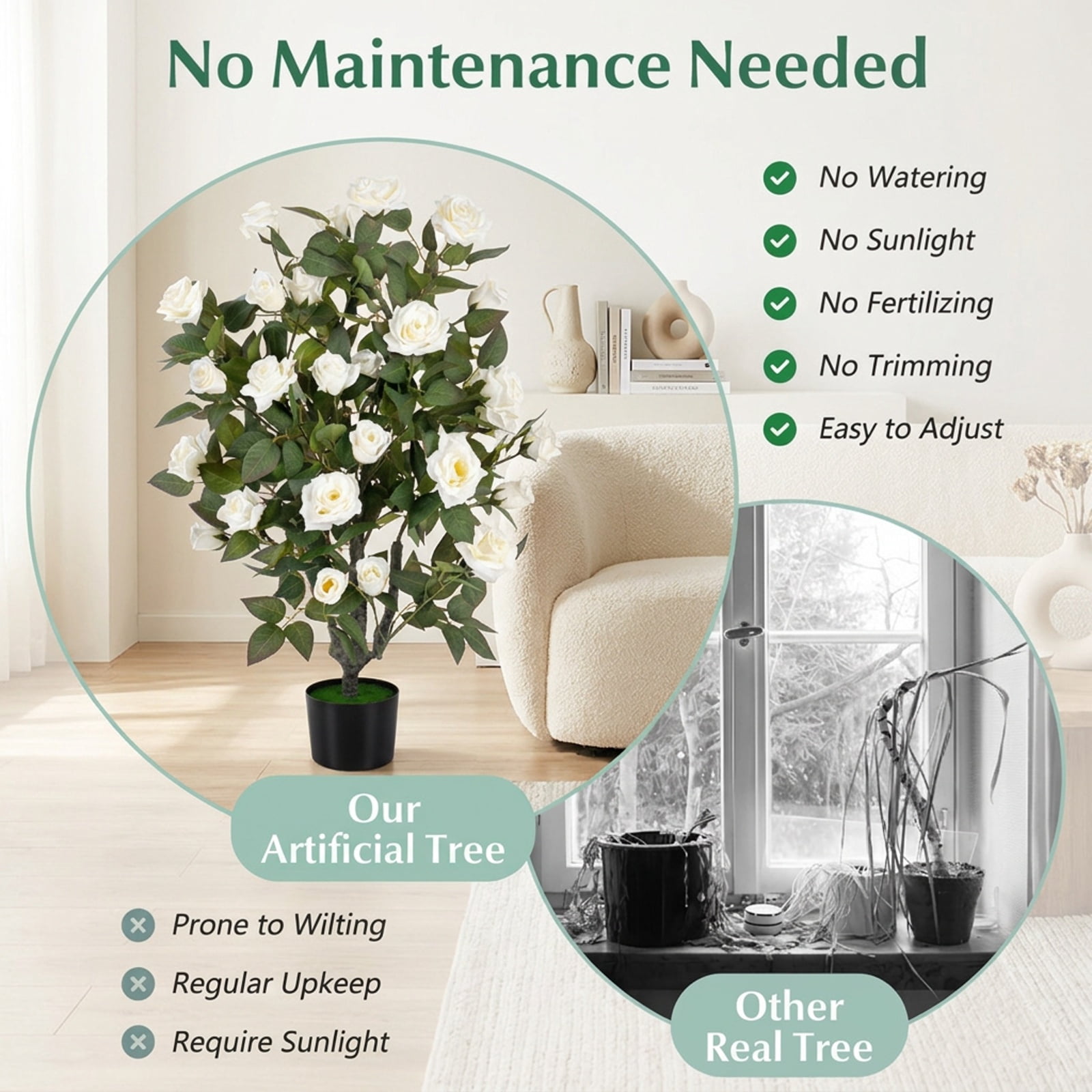 Vebreda Artificial Plant Decor, 35.5" Artificial Rose Tree with Blooming Flowers and Green Leaves for Indoor, Beautiful & Lifelike Rose Tree