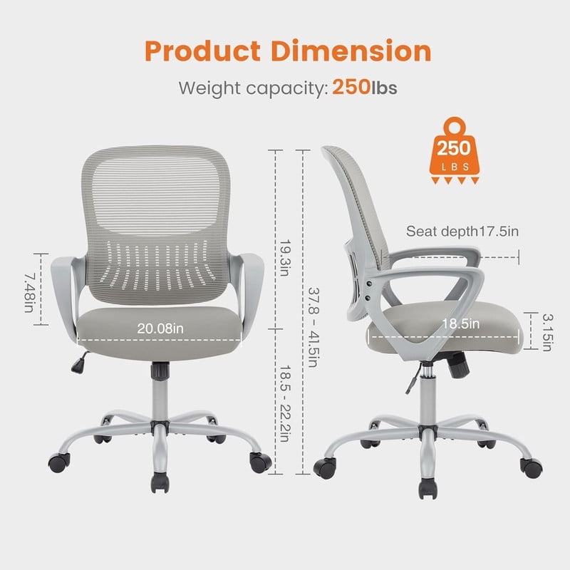Beddle Office Chair with Lumbar Support, Ergonomic Mesh Mid-Back Swivel Desk Chair, Comfortable Task Chair for Home Office, Gray