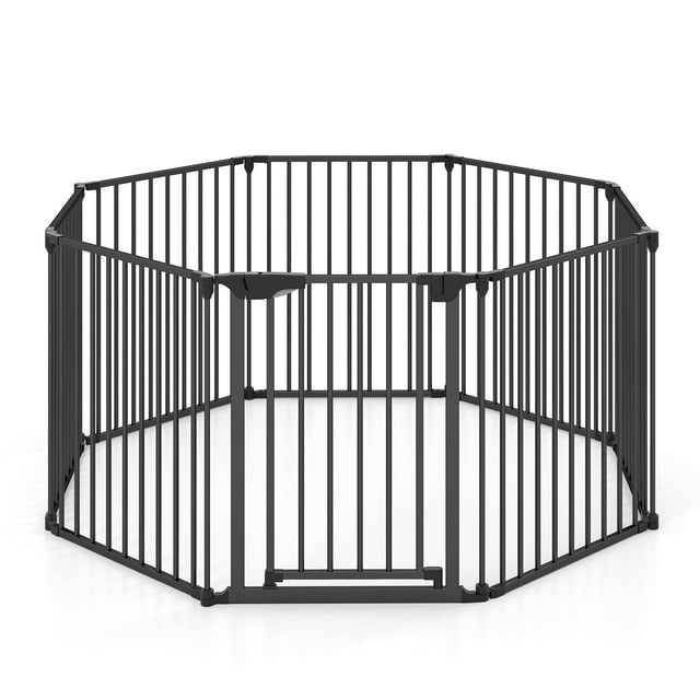 Gymax 8-Panel Adjustable Pet Safety Fence w/Auto-close Door & Double Locking System Black