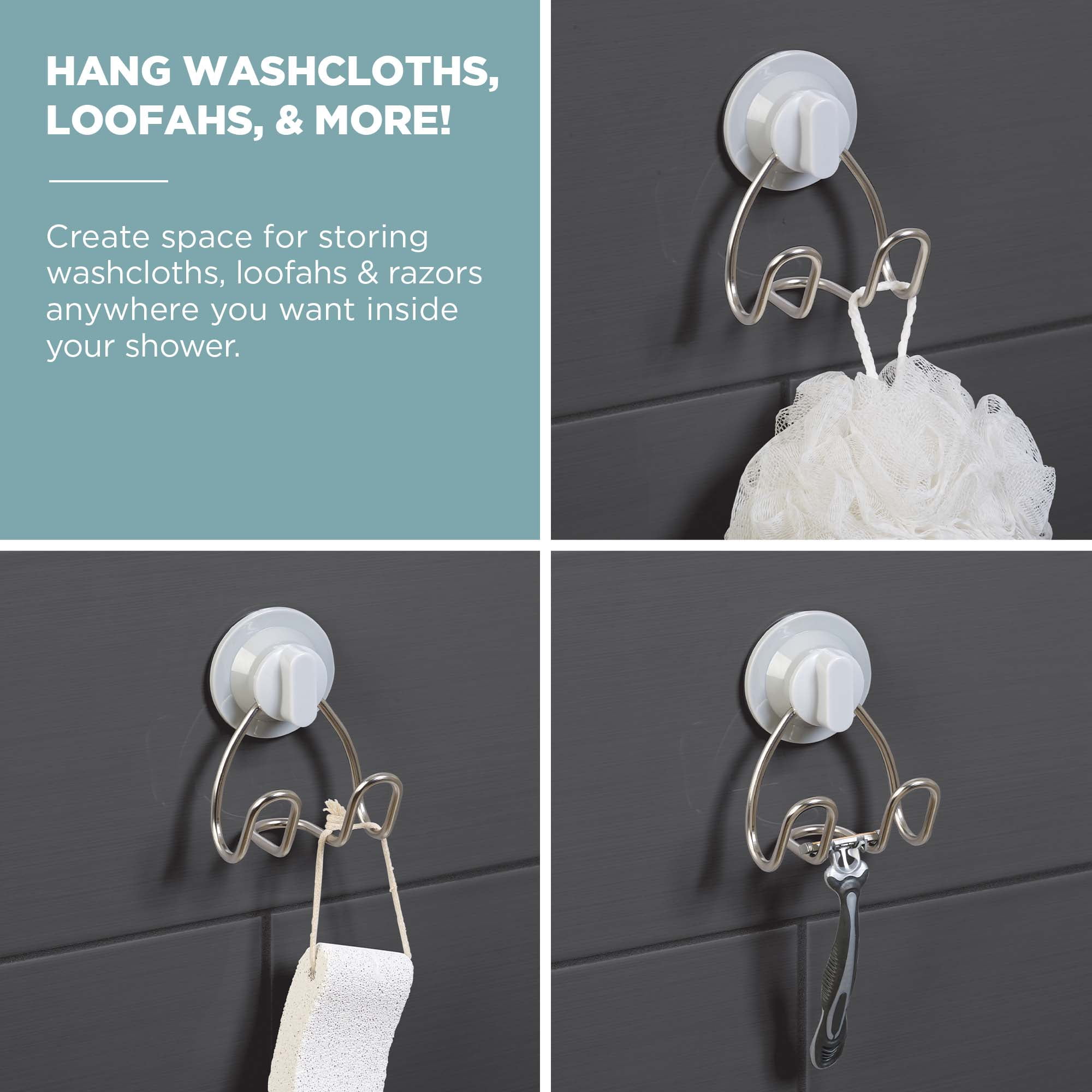 Zenna Home Rustproof Shower Storage Hooks, Set of 2, Adhesive or Suction Mount, Stainless Steel