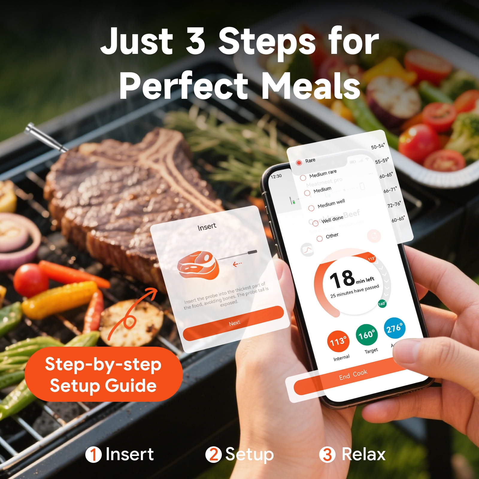 Meatmeet S Pro Bluetooth Meat Thermometer, 1080°F, 6 Sensors, Waterproof, for Oven, Grill, BBQ, Air Fryer, EasySmart App, Ultra-Thin Probe