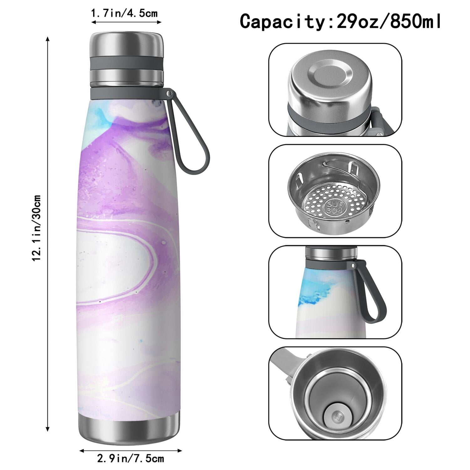 29oz Insulated Water Bottle with Tea Infuser, Stainless Steel Travel Mug, Liquid & Marble Print