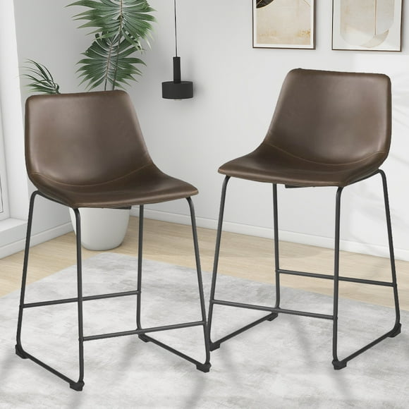 Bar Stools Counter Height Stools Set of 2, Dining Chairs, PU Leather Bar Chairs with Back, Modern Industrial Armless Stools for Kitchen Island, Bar, Pub (Brown)