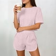 thumbnail image 2 of Tqcoqu Women's Eyelet Embroidery 2 Piece Outfit, Crew Neck Short Sleeve Top & Elastic Waist Split Hem Shorts, Breathable Summer Loungewear Pajama Set for Women﻿,Pink Women's M-XXL, 2 of 5