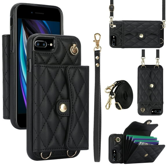 Allytechgroup for iPhone 8 Plus/7 Plus Wallet Case with 5 Cards Holders, Detachable Hand Strap & Shoulder Lanyard RFID Blocking Shockproof Protective Phone Case for Girls Women, Black