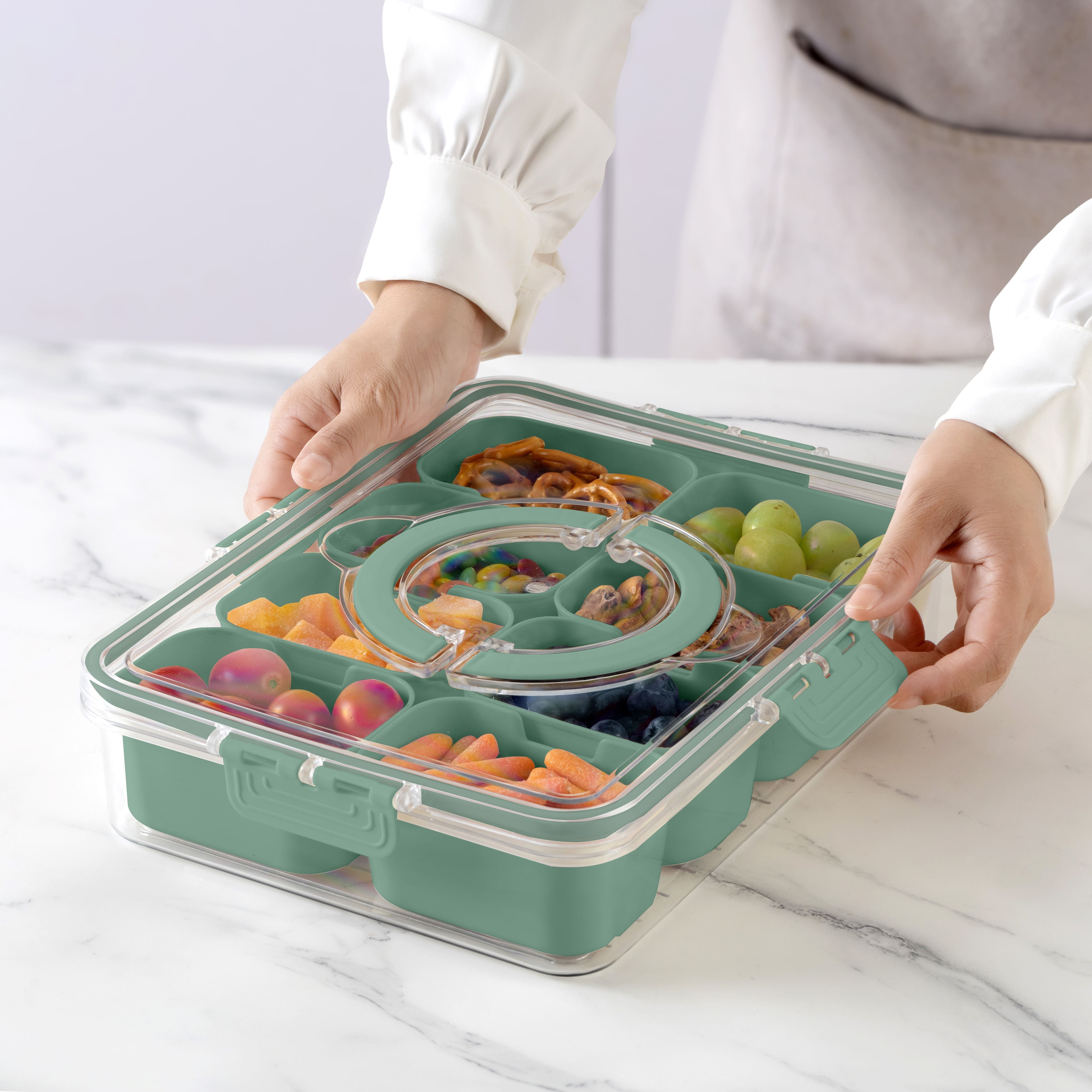 Contenitore per snack con coperchio e manico, contenitore per alimenti a 8 scomparti divisi, vassoio per snack, contenitore per spezie, caramelle, frutta, noci