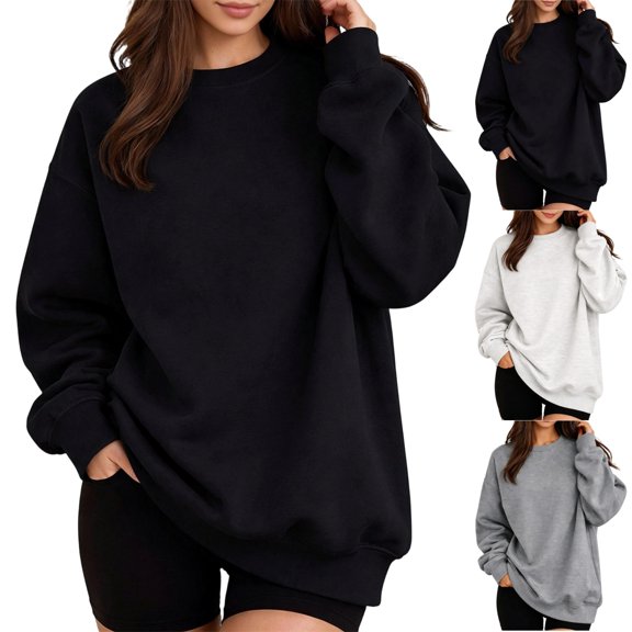 UDAUDU Womens Oversized Sweatshirts Hoodies Fleece Crewneck Comfortable Sweaters Casual Tops 2026 Fall Fashion Outfits Winter Clothes Black L