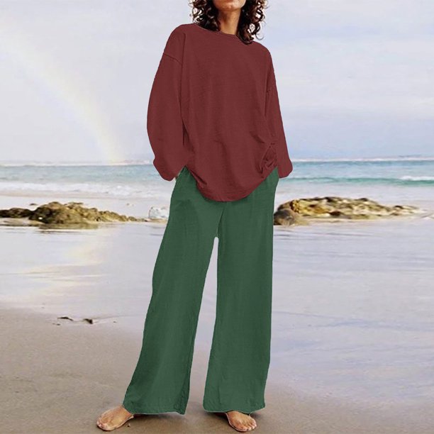 Puntoco Traje De Pantalón Y top De Cuello Redondo De Manga Larga Con Estampado Informal De Otoño Para Mujer Verde Militar Xxxxxl