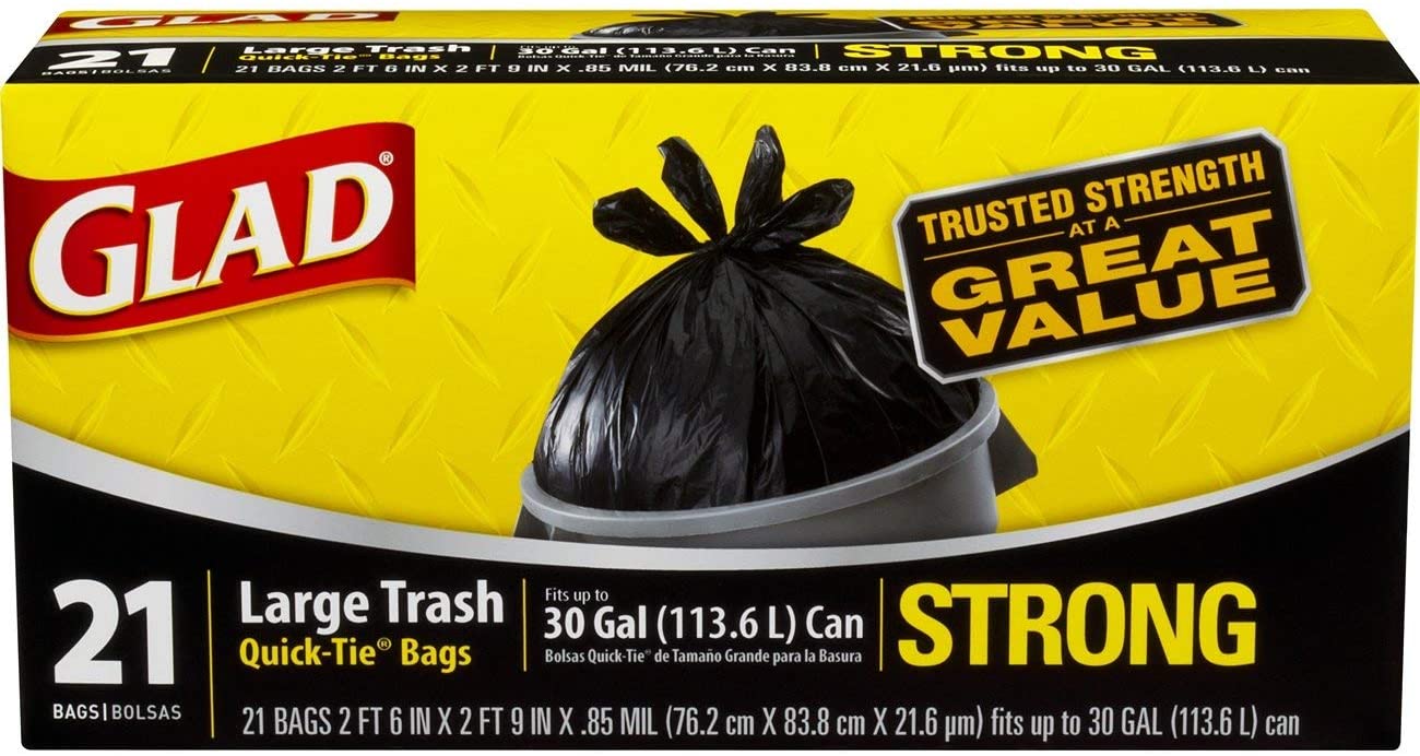 Glad Large QuickTie Trash Bags Extra Strong 30 Gallon Black Trash