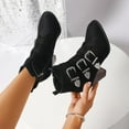 thumbnail image 4 of Aueoeo Women's Fashion Shoes Casual Round Toe Winter Block High Heel Ankle Boots with Multi Belt Buckle Decorated, 4 of 9